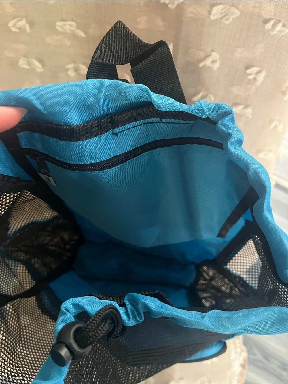 Mesh Drawstring Backpack with Front Pocket - Black & Bright Blue
